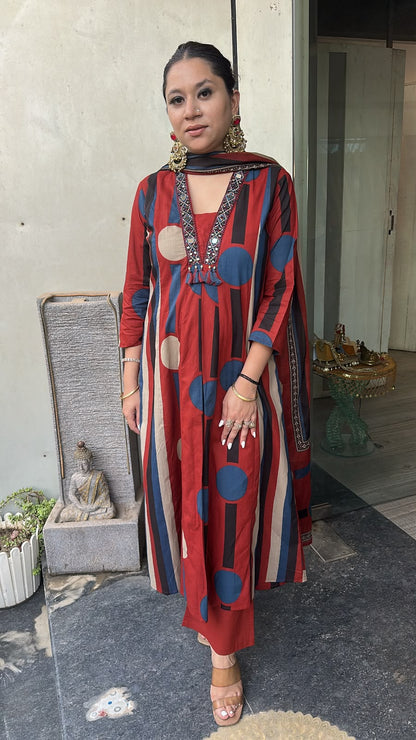 Retro Mahroon A-Line Cotton Designer Suit