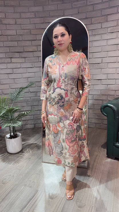 Kathak Beige Digital print A-Line Tunic Set