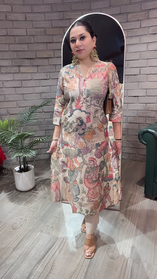 Kathak Beige Digital print A-Line Tunic Set
