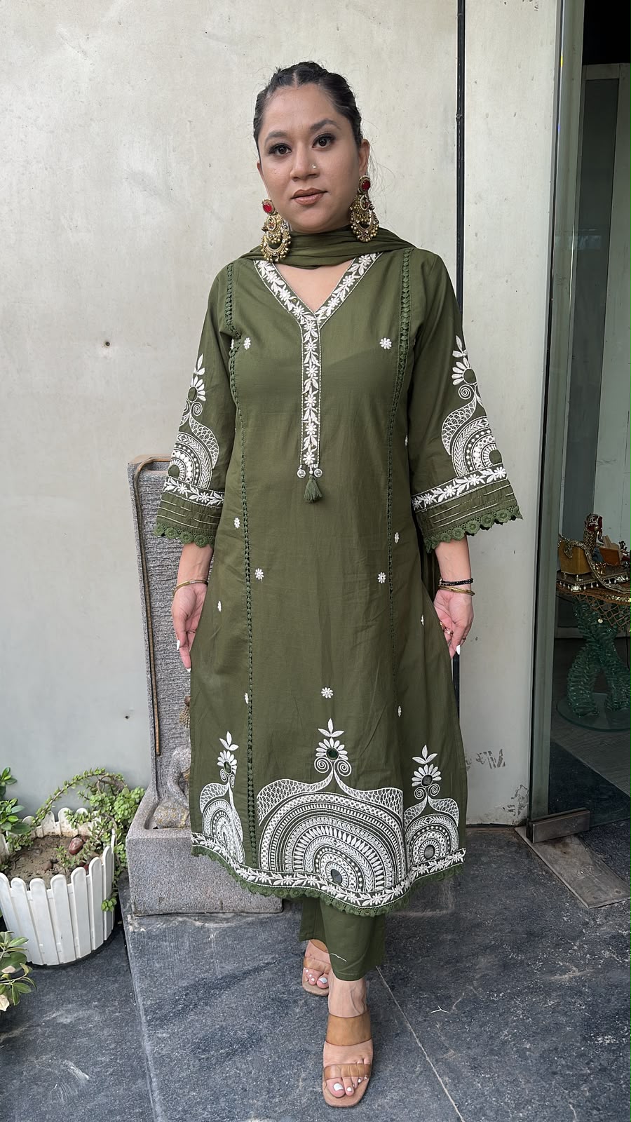 Gargi Mehndi Green A-Line Cotton Designer Suit