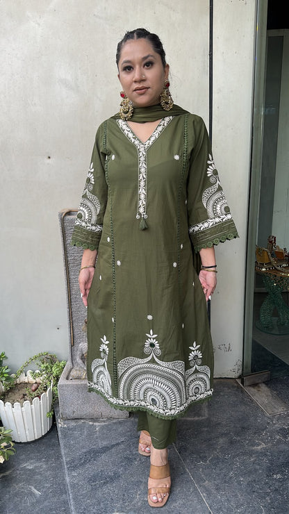 Gargi Mehndi Green A-Line Cotton Designer Suit