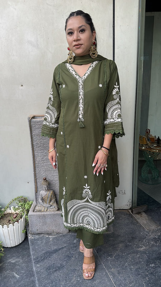 Gargi Mehndi Green A-Line Cotton Designer Suit