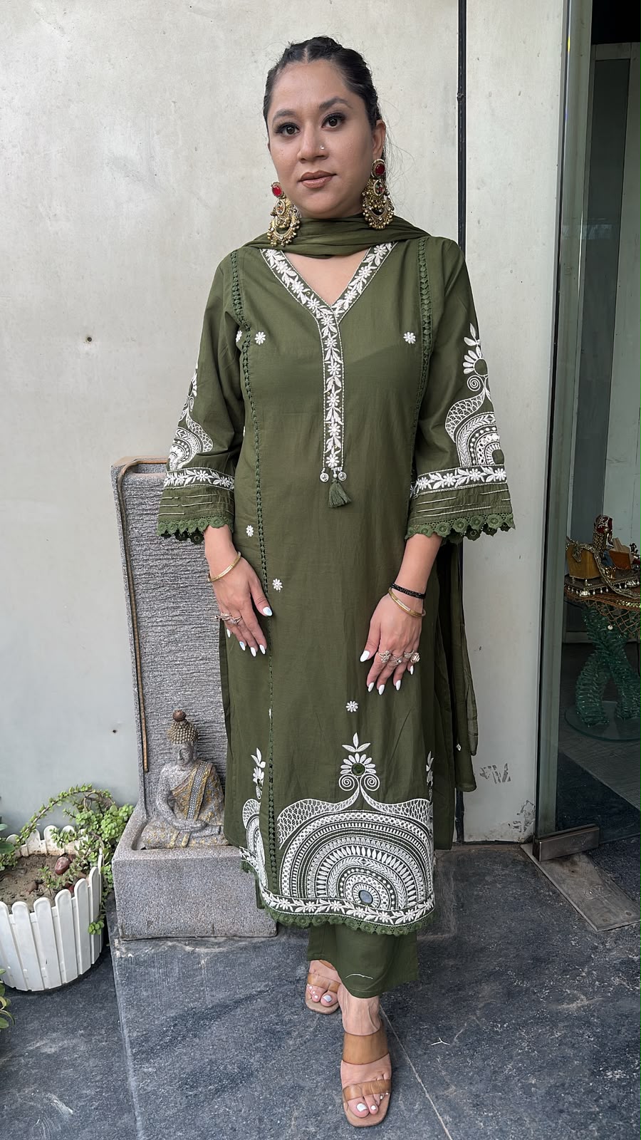 Gargi Mehndi Green A-Line Cotton Designer Suit