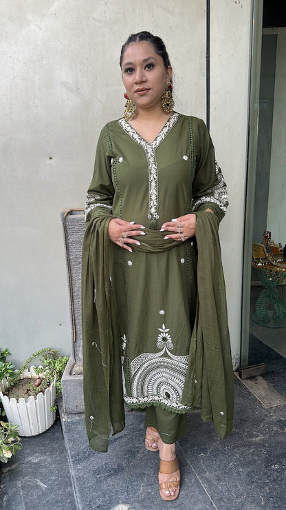 Gargi Mehndi Green A-Line Cotton Designer Suit