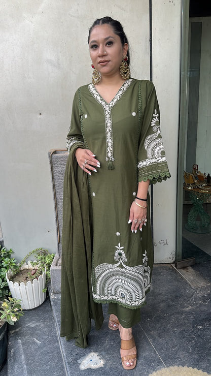 Gargi Mehndi Green A-Line Cotton Designer Suit