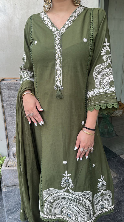 Gargi Mehndi Green A-Line Cotton Designer Suit
