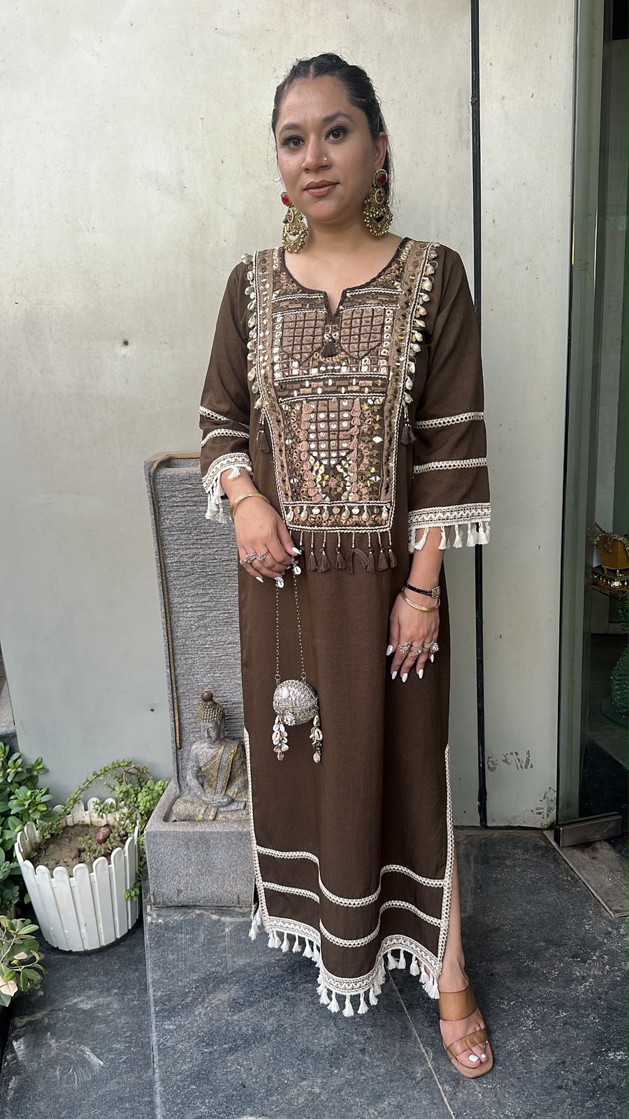 Kapoor Coffee Brown Mirror Tassel Dress