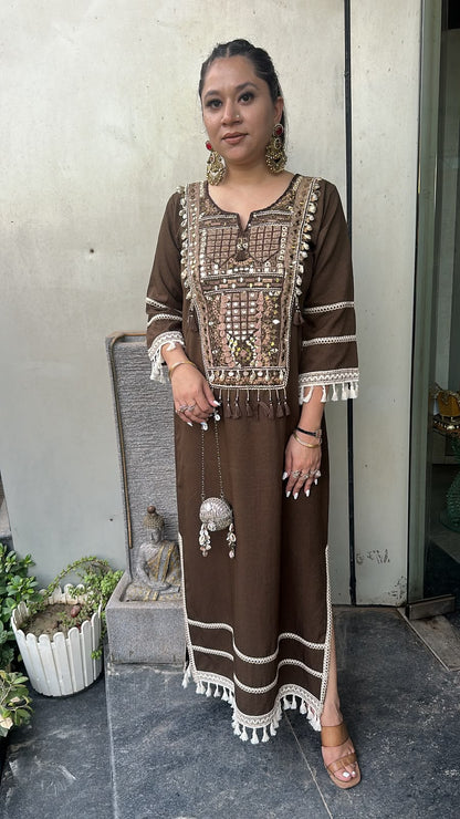 Kapoor Coffee Brown Mirror Tassel Dress