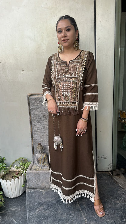 Kapoor Coffee Brown Mirror Tassel Dress