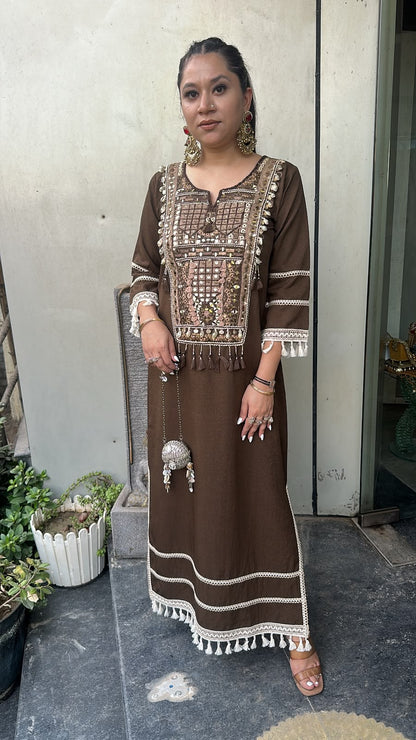 Kapoor Coffee Brown Mirror Tassel Dress