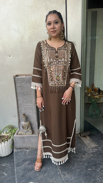 Kapoor Coffee Brown Mirror Tassel Dress