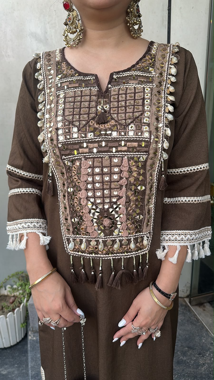 Kapoor Coffee Brown Mirror Tassel Dress