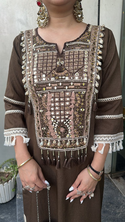 Kapoor Coffee Brown Mirror Tassel Dress