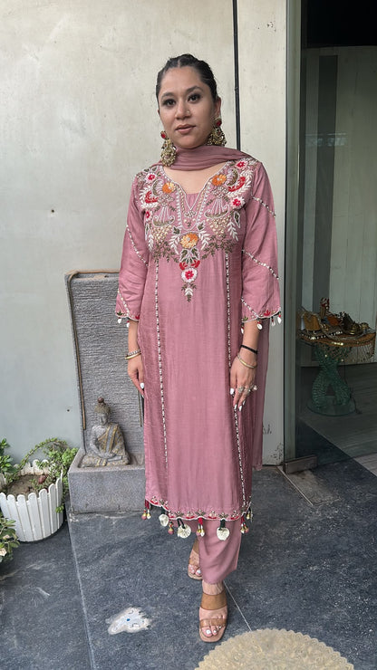 Tahini onion pink Hand Embroidered Designer Suit