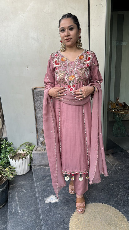 Tahini onion pink Hand Embroidered Designer Suit