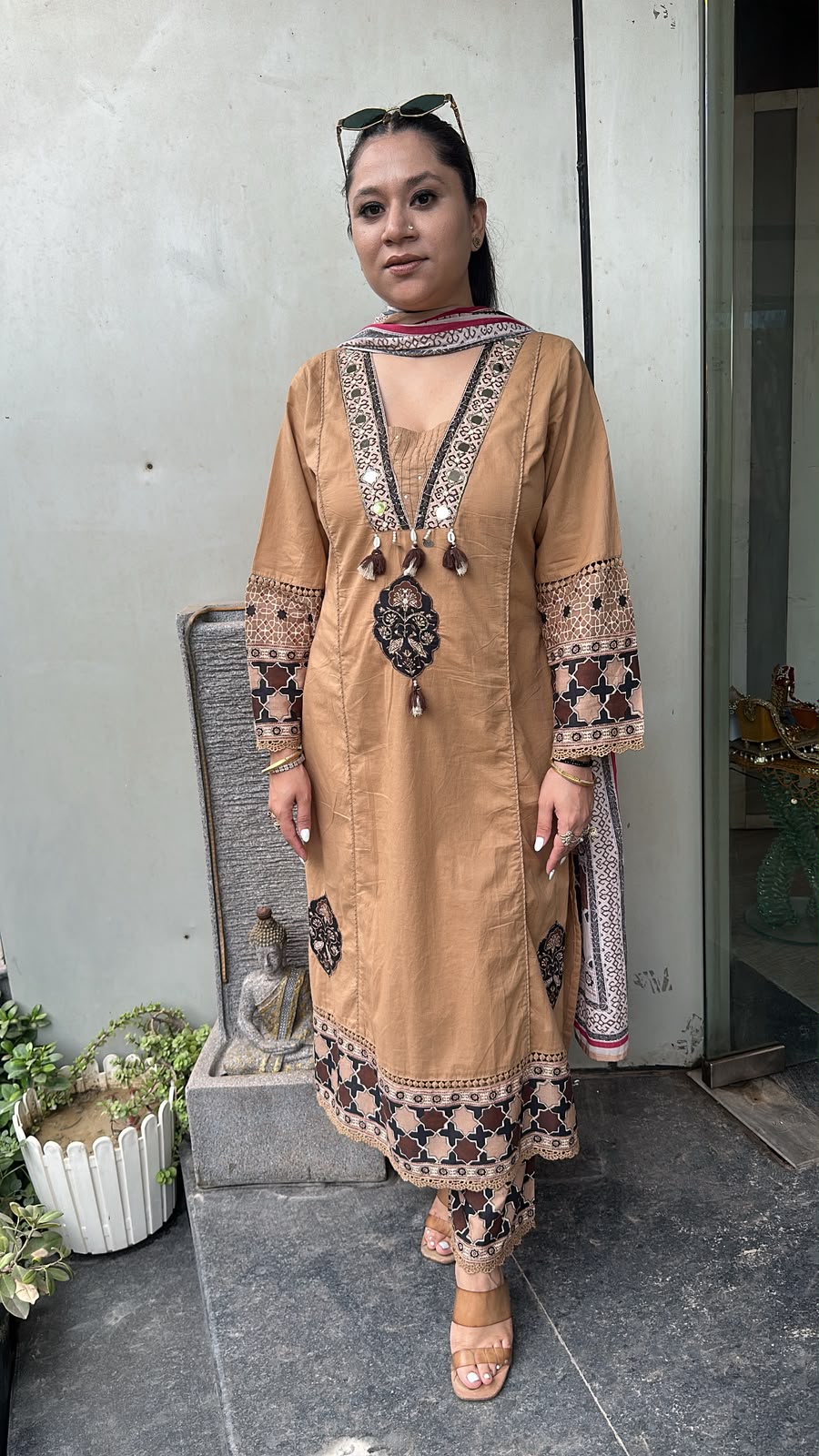 Kaazi Beige cotton Designer Suit