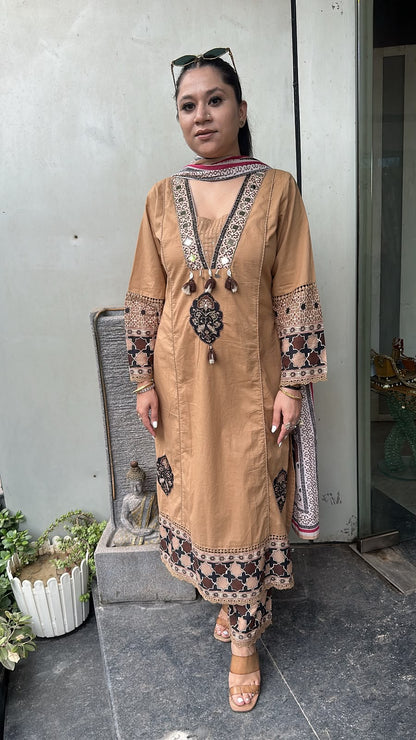 Kaazi Beige cotton Designer Suit
