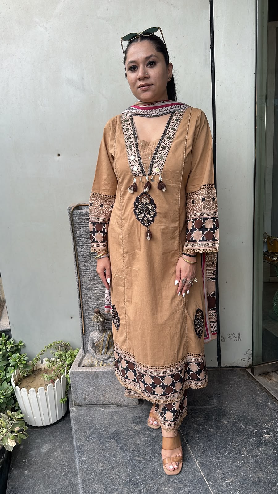 Kaazi Beige cotton Designer Suit