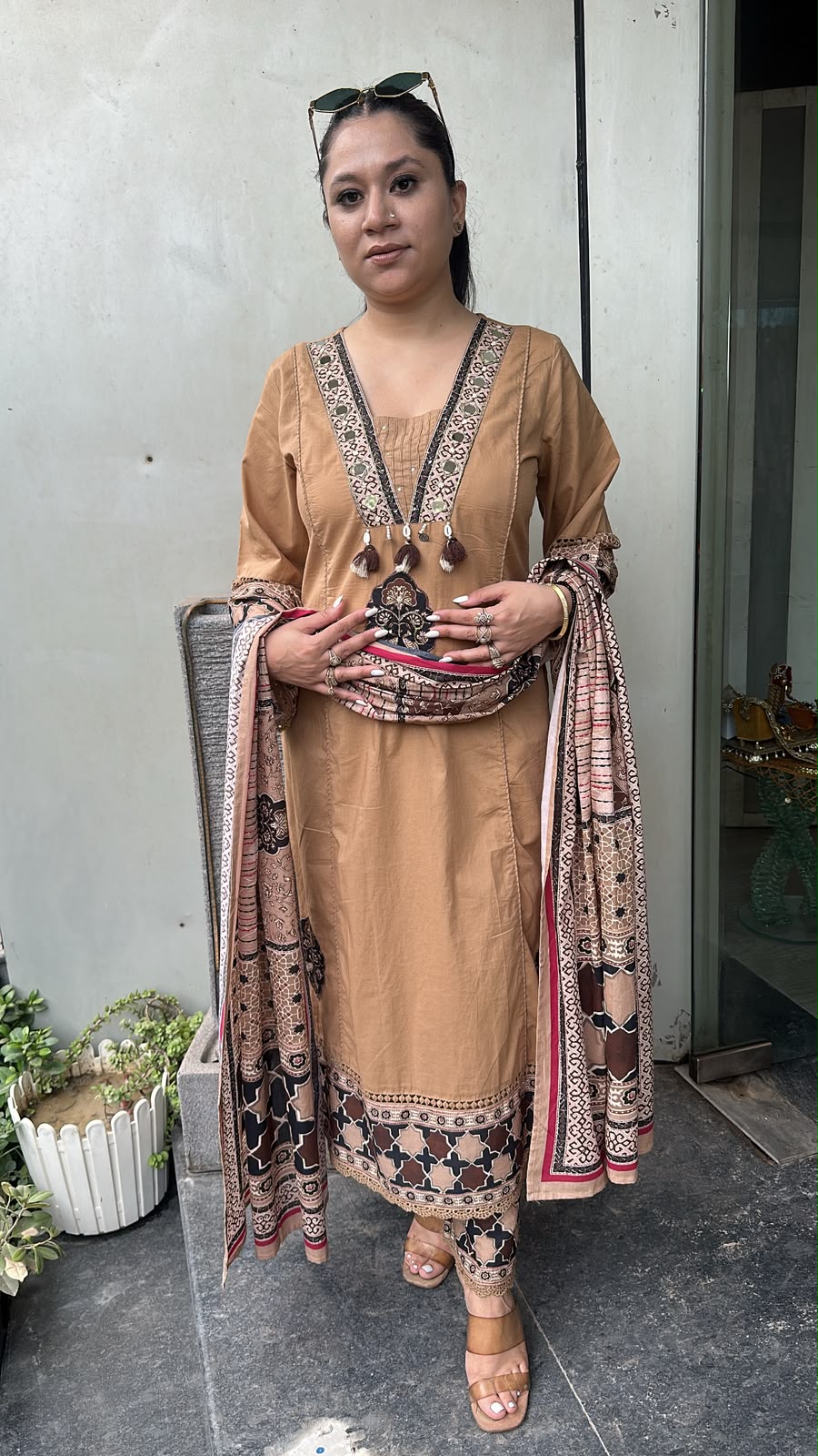 Kaazi Beige cotton Designer Suit
