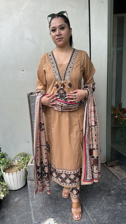 Kaazi Beige cotton Designer Suit