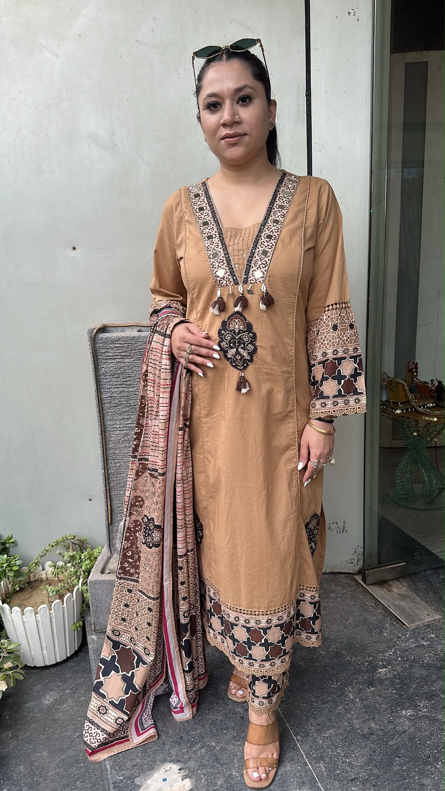 Kaazi Beige cotton Designer Suit