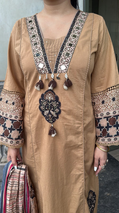 Kaazi Beige cotton Designer Suit