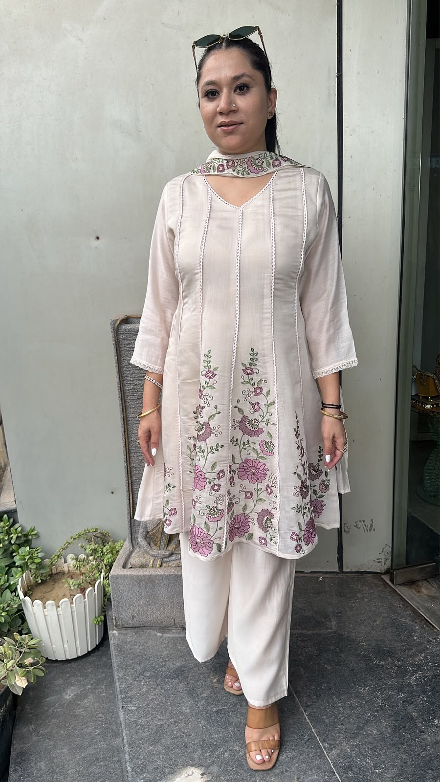 Kimchi ivory peplum cotton Designer Suit