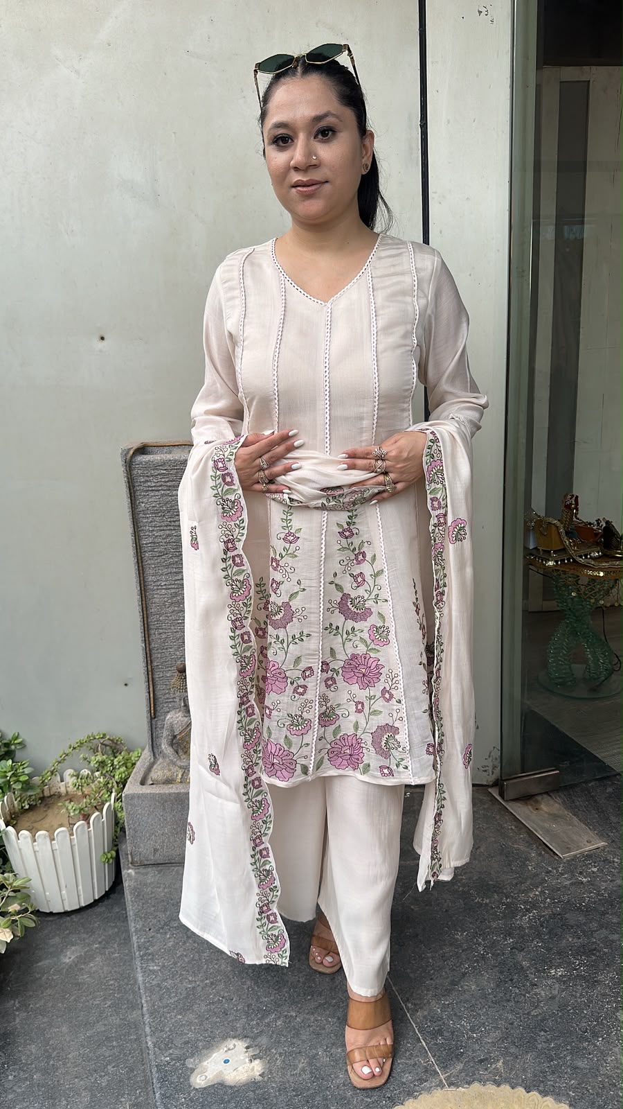 Kimchi ivory peplum cotton Designer Suit