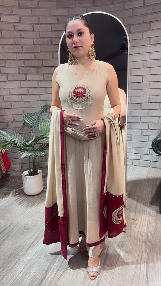 Rahat Beige Cotton Designer Anarkali Suit (Sleeve fabric Attached)