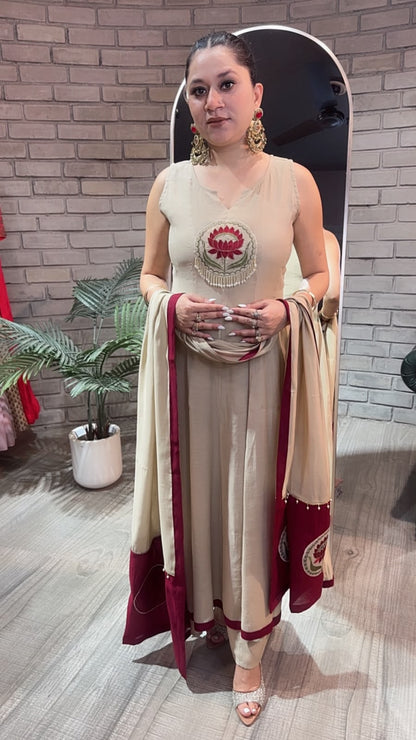 Rahat Beige Cotton Designer Anarkali Suit (Sleeve fabric Attached)