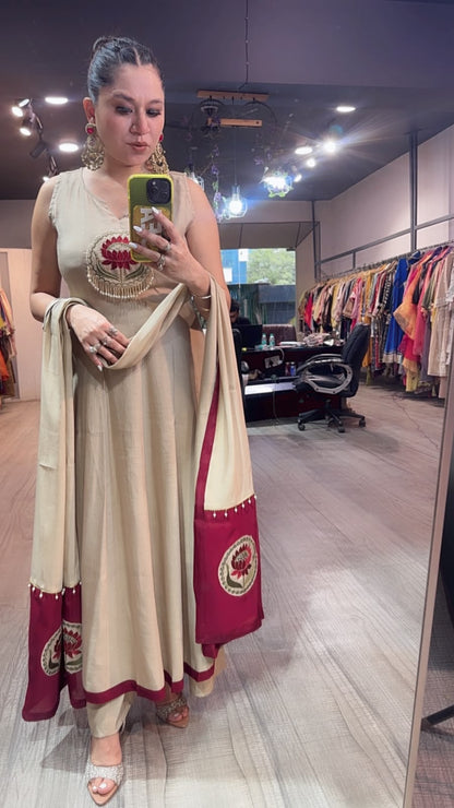Rahat Beige Cotton Designer Anarkali Suit (Sleeve fabric Attached)