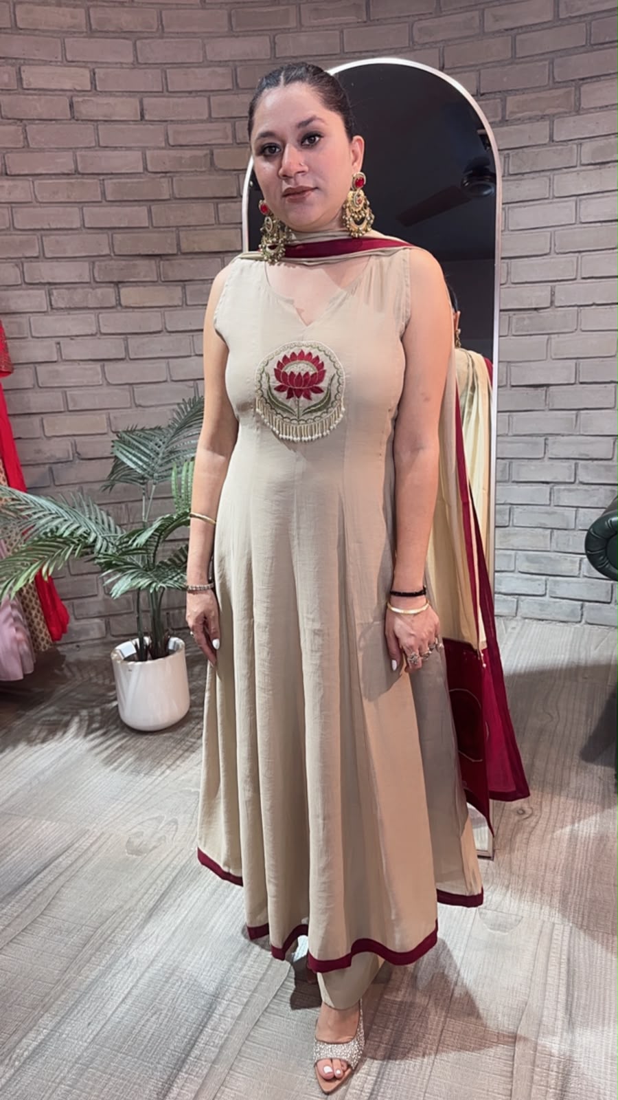 Rahat Beige Cotton Designer Anarkali Suit (Sleeve fabric Attached)