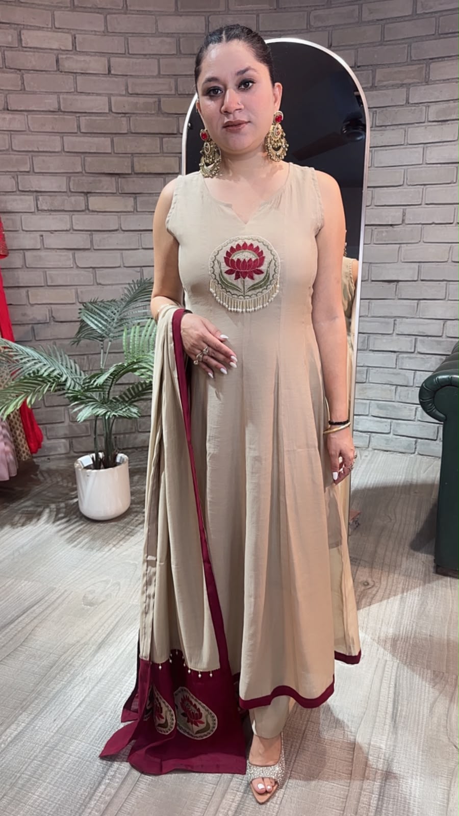 Rahat Beige Cotton Designer Anarkali Suit (Sleeve fabric Attached)