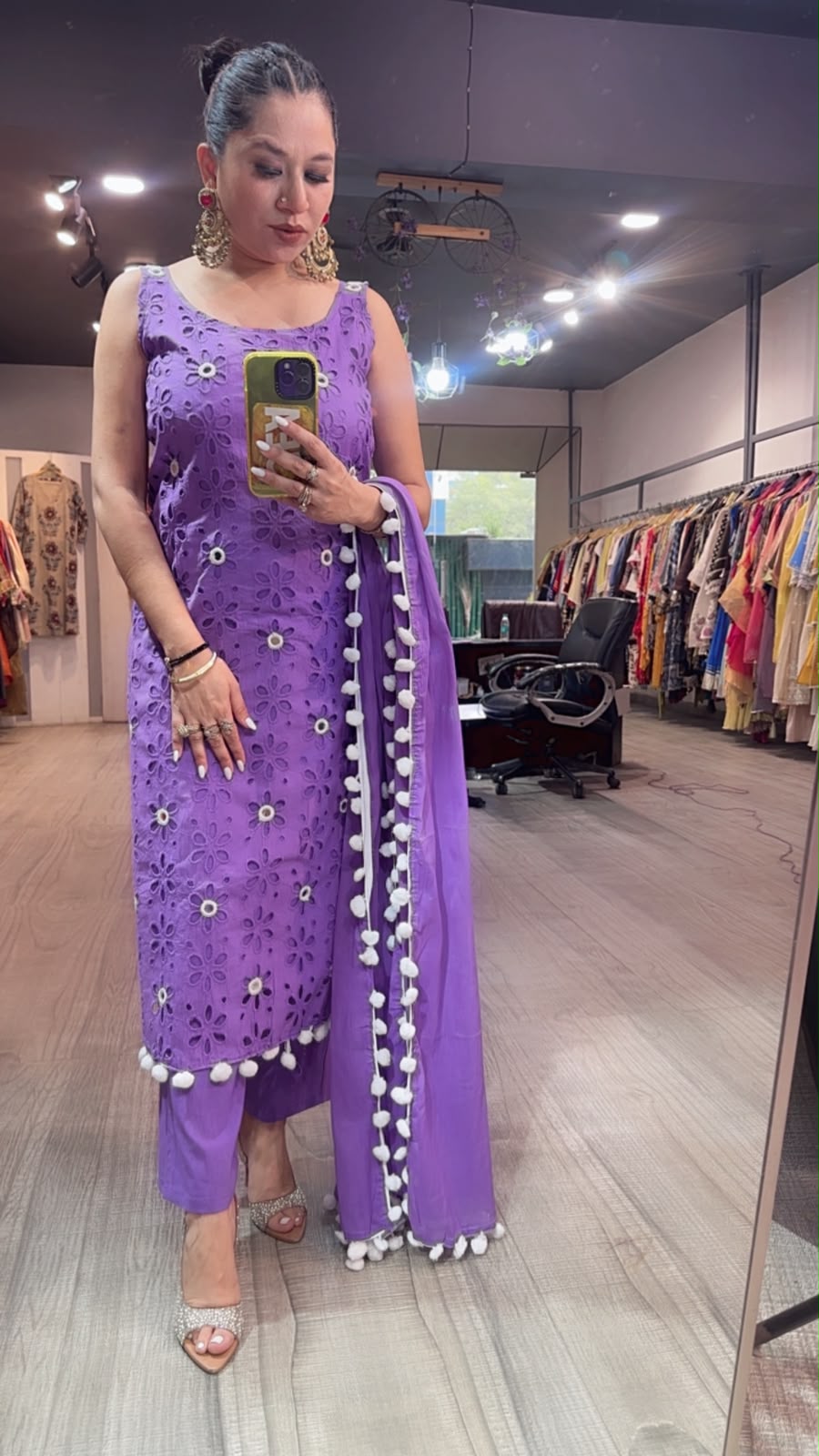 Pearl Neon Purple Chiffle Designer Suit (Sleeve Fabric Attached)