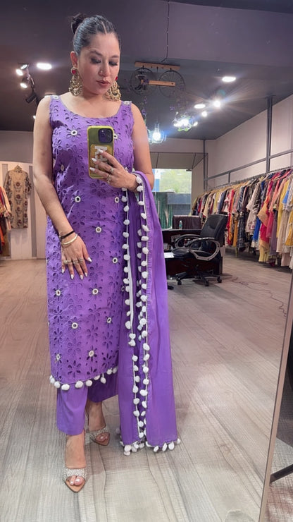 Pearl Neon Purple Chiffle Designer Suit (Sleeve Fabric Attached)