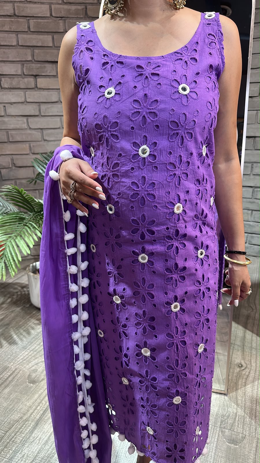 Pearl Neon Purple Chiffle Designer Suit (Sleeve Fabric Attached)