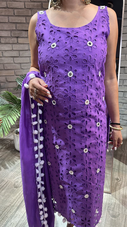 Pearl Neon Purple Chiffle Designer Suit (Sleeve Fabric Attached)