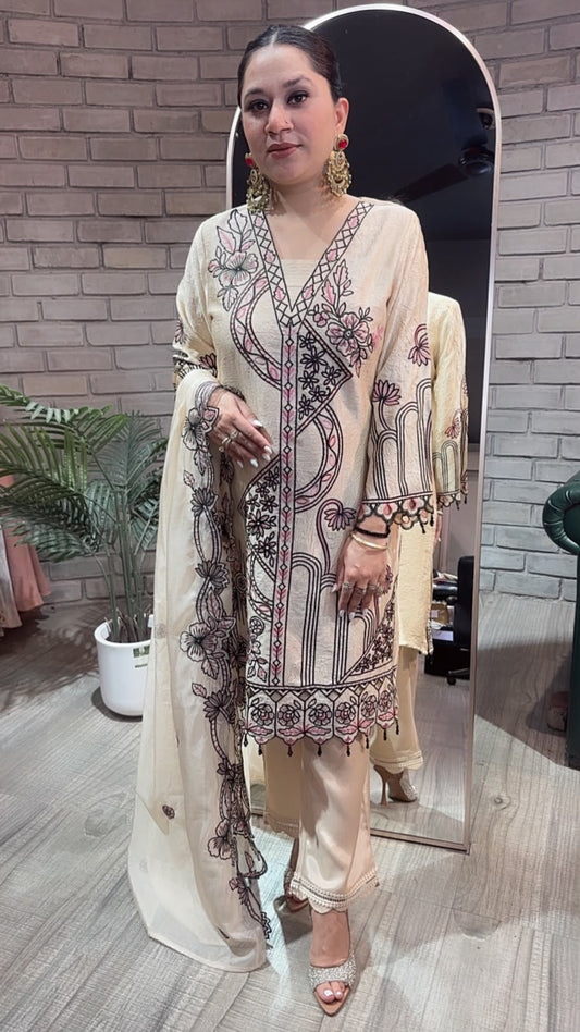 Riffat Beige Thread work  Cut work Designer Suit