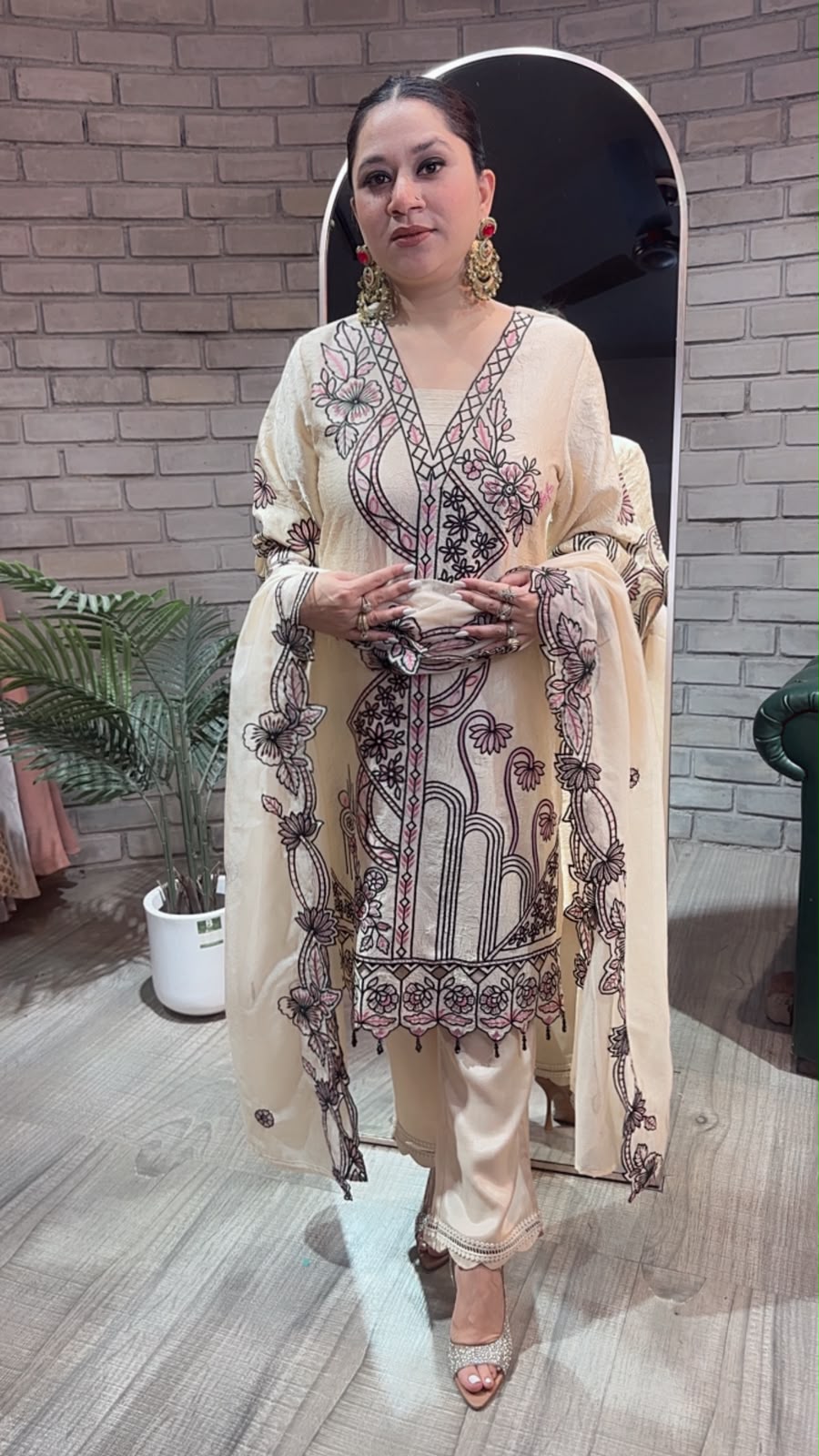 Riffat Beige Thread work  Cut work Designer Suit