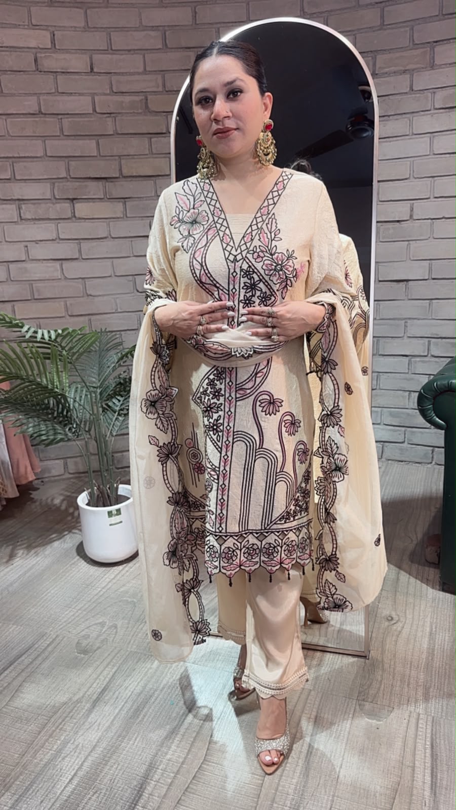Riffat Beige Thread work  Cut work Designer Suit