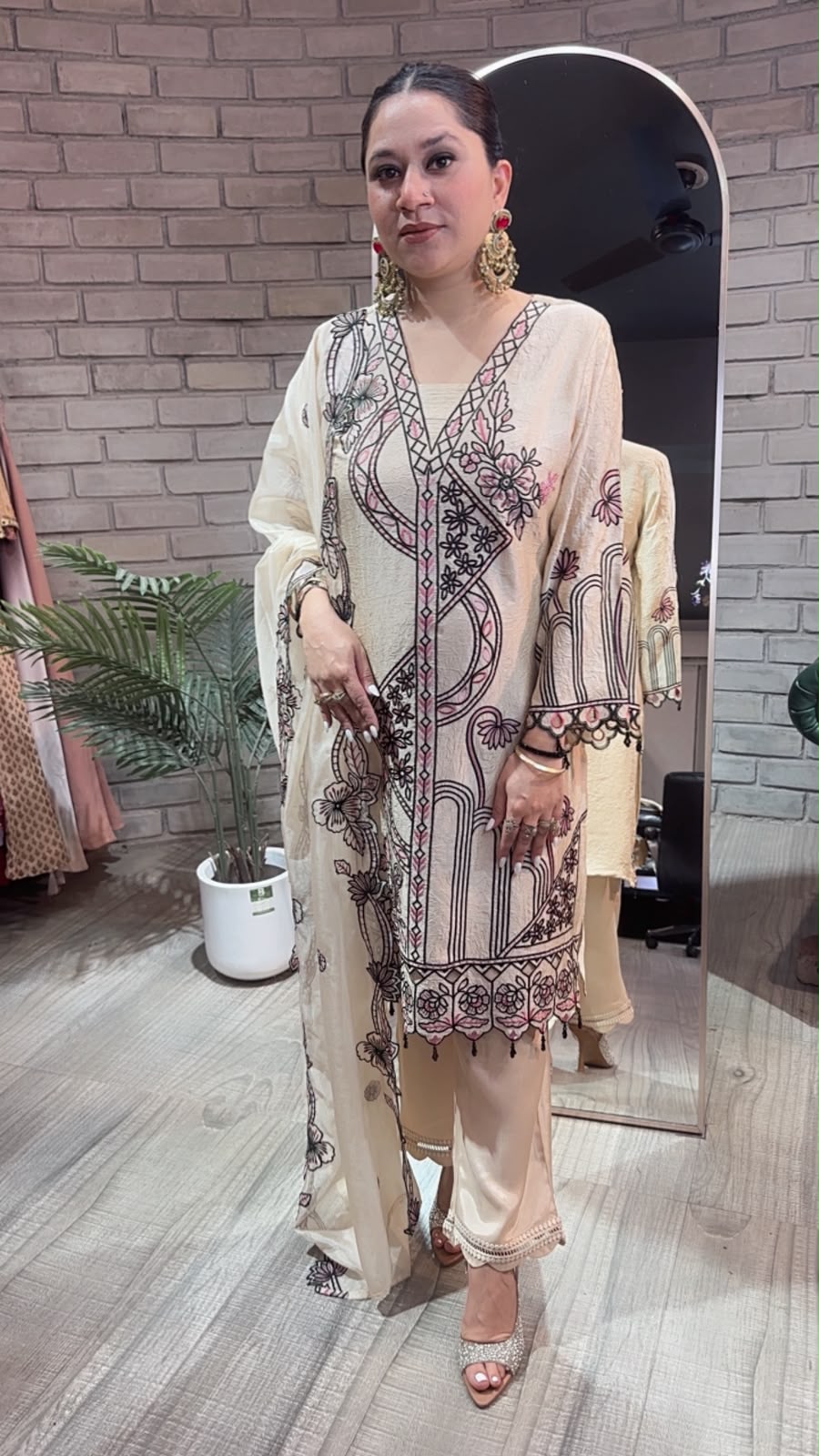 Riffat Beige Thread work  Cut work Designer Suit