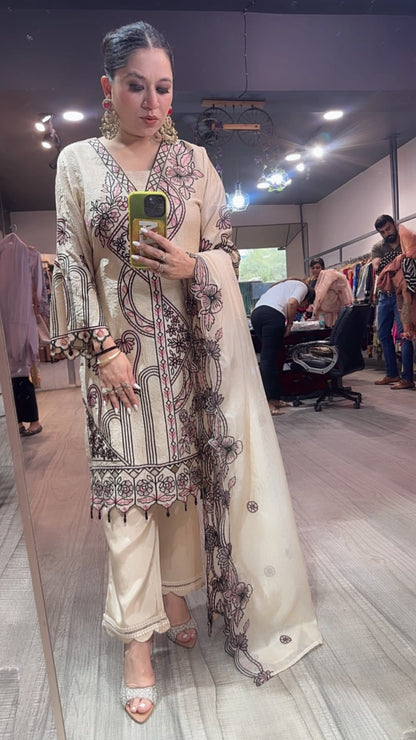 Riffat Beige Thread work  Cut work Designer Suit