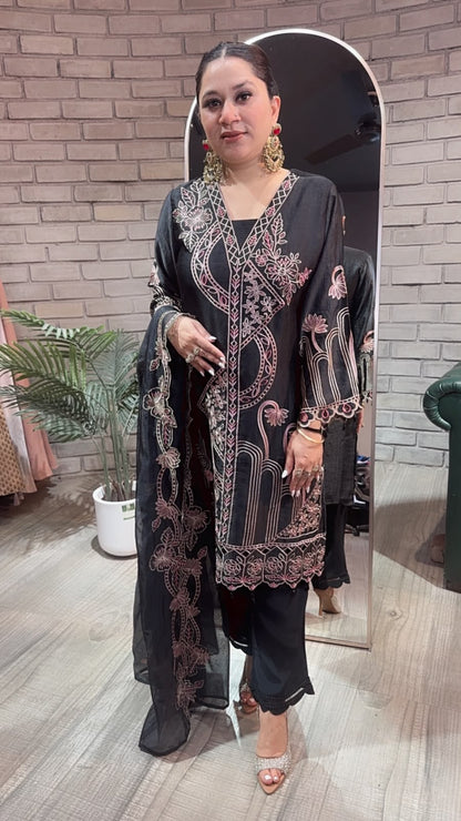 Riffat Black Thread work  Cut work Designer Suit