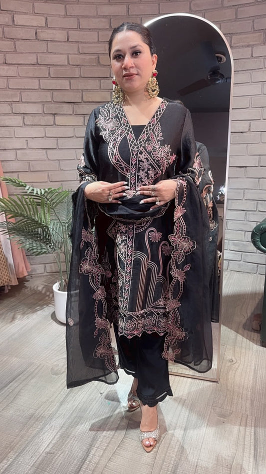 Riffat Black Thread work  Cut work Designer Suit