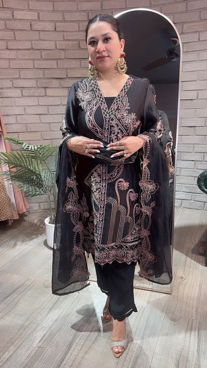 Riffat Black Thread work  Cut work Designer Suit