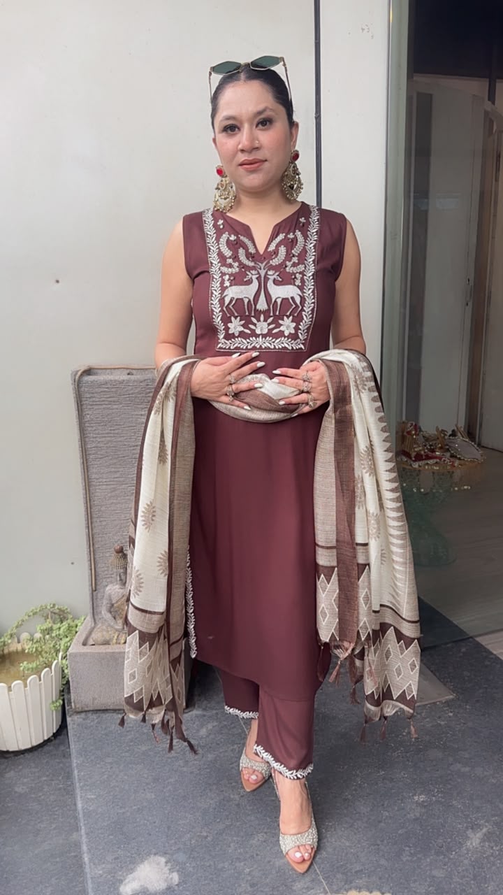Masala Brown Designer Suit (Sleeve fabric Attached)