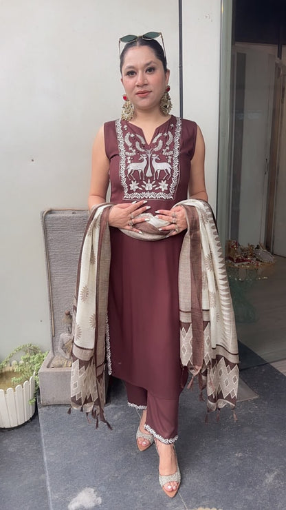Masala Brown Designer Suit (Sleeve fabric Attached)
