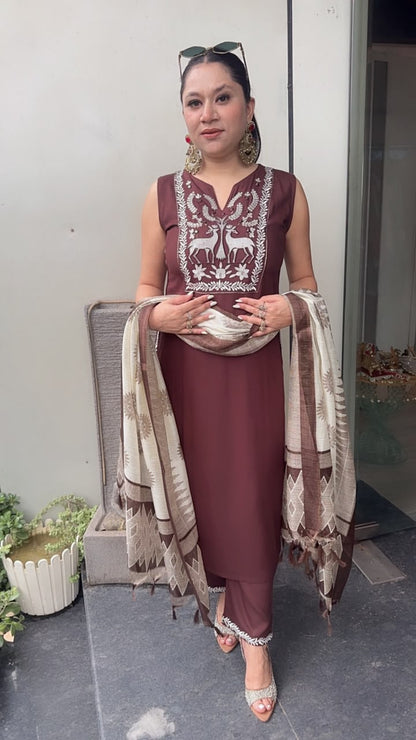 Masala Brown Designer Suit (Sleeve fabric Attached)