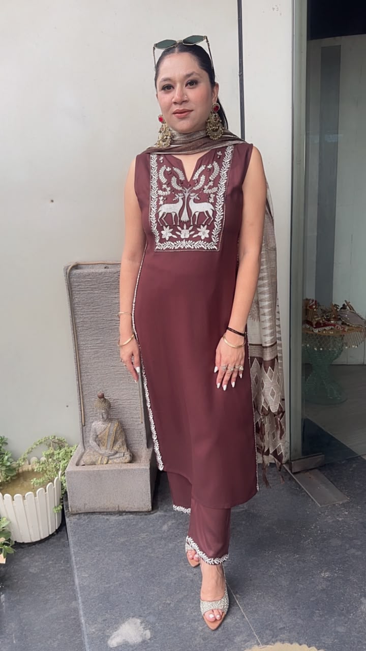 Masala Brown Designer Suit (Sleeve fabric Attached)
