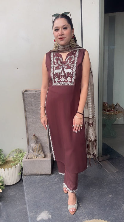 Masala Brown Designer Suit (Sleeve fabric Attached)